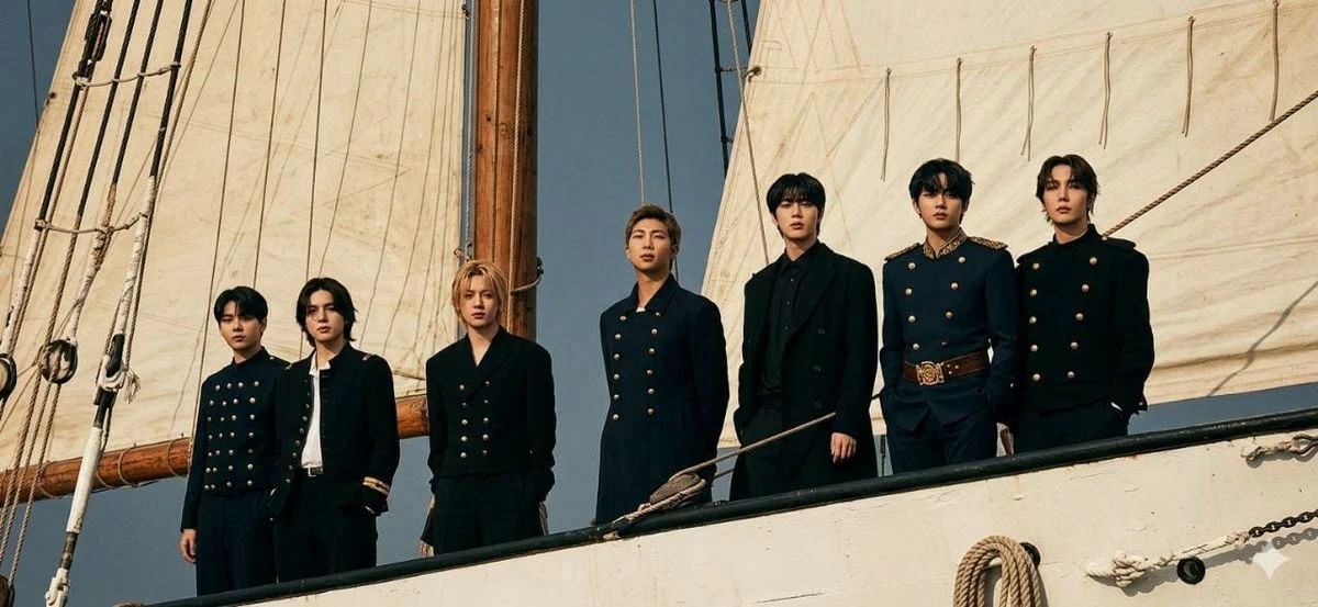 Os sete integrantes do BTS de uniforme azul-marinho no convés de um veleiro, era SWIM